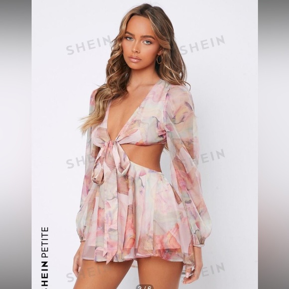 SHEIN PETITE Floral Print Backless Tie Front Jumpsuit - Picture 3 of 3